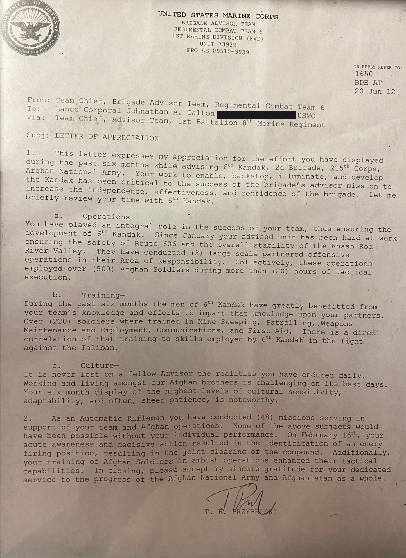 Typewritten United States Marine Corps Letter of Appreciation on Department of Defense letterhead, dated 20 June 2012, addressed to Lance Corporal Johnathan A. Dalton, with the addressee's identification number blacked out