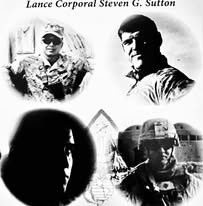 Black and white memorial tribute print bearing the name Lance Corporal Steven G. Sutton, arranged as several photographs of a Marine in uniform and in the field