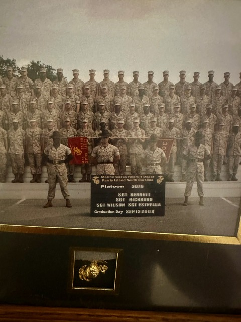 Framed Marine Corps Recruit Depot Parris Island platoon graduation photograph, rows of recruits in utility uniforms behind a placard reading Platoon 3078, Graduation Day September 12 2008