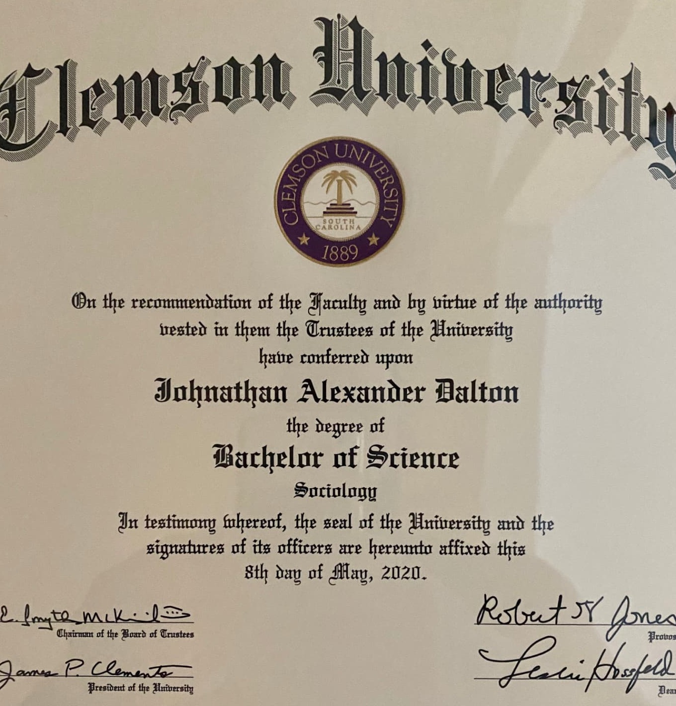 A Clemson University diploma conferring the degree of Bachelor of Science in Sociology on Johnathan Alexander Dalton, dated the 8th day of May, 2020