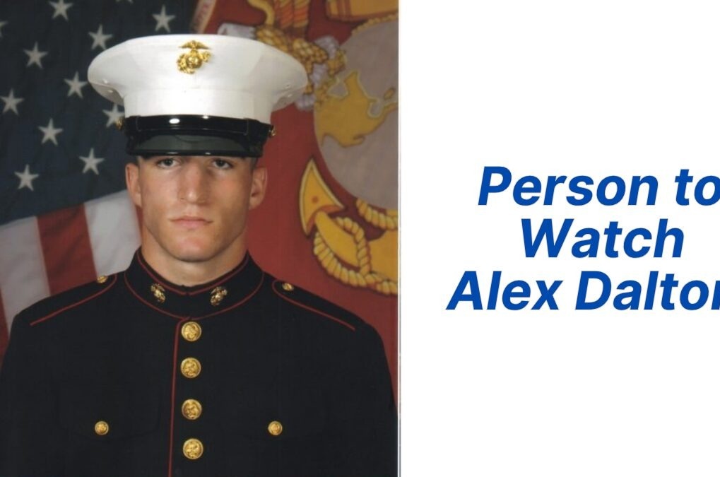 Anderson Magazine feature artwork reading 'Person to Watch: Alex Dalton', beside a portrait of Dalton in Marine Corps dress blues with white cover, in front of the American flag and the Marine Corps colors