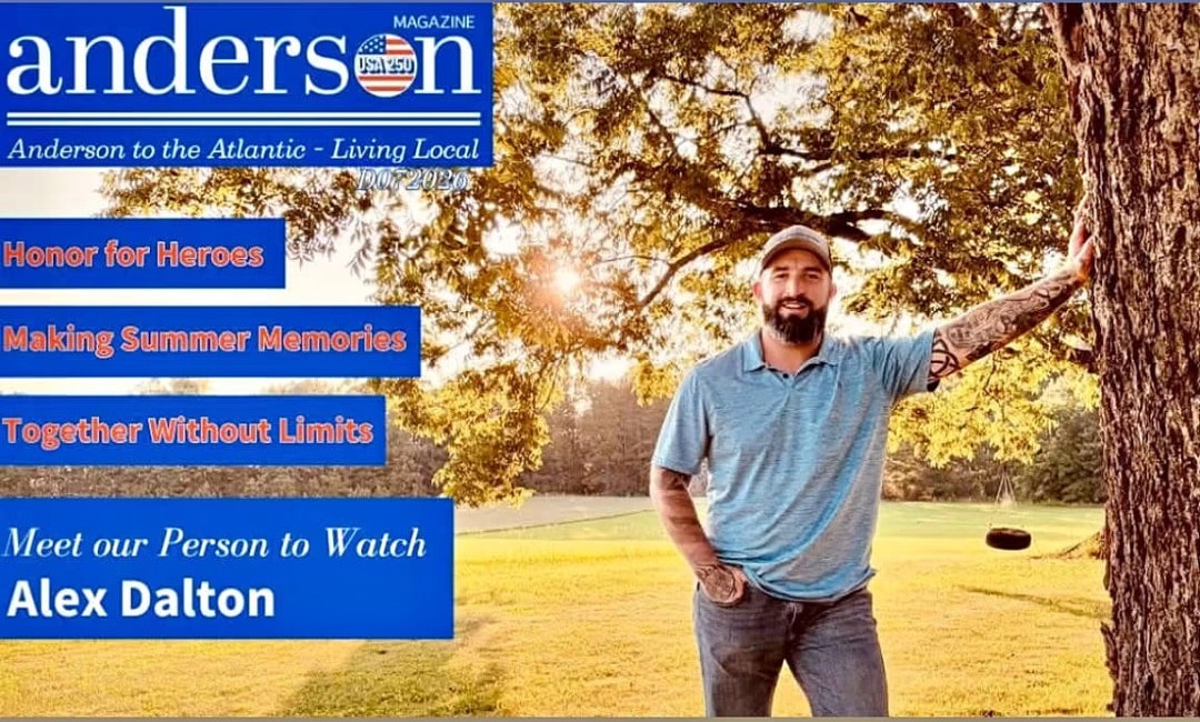Anderson Magazine cover reading 'Meet our Person to Watch, Alex Dalton', showing Dalton standing beside a large tree in a sunlit field