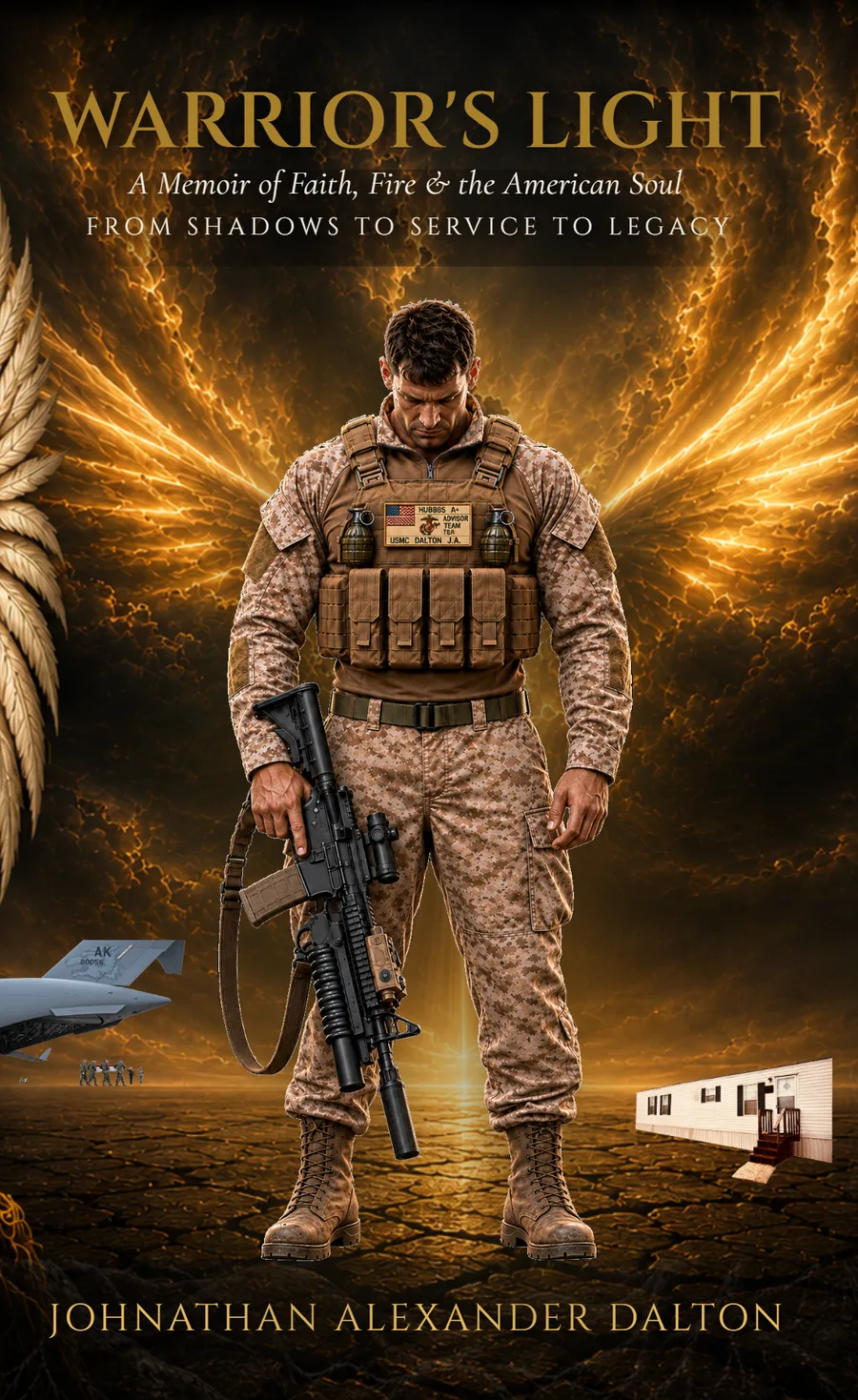 Front cover of Warrior's Light: A Memoir of Faith, Fire & the American Soul by Johnathan Alexander Dalton, showing a Marine in desert camouflage before wings of golden light